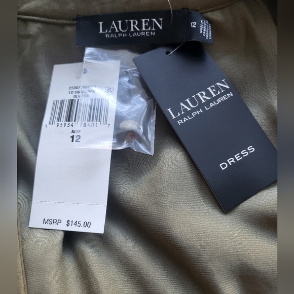 💚HP💚NWT Lauren Ralph Lauren Satin Belted Mini Dress Tiered Ruffle Hem Olive - Picture 10 of 11